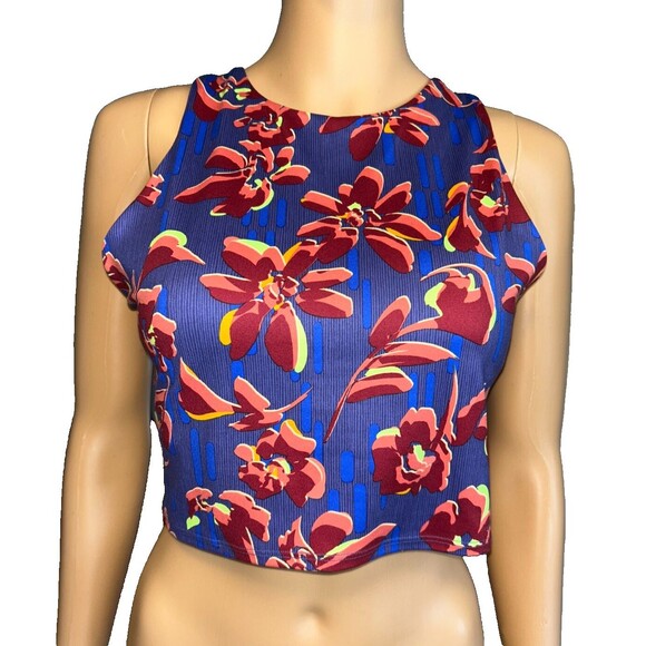Athleta Floral Racerback Crop Top Built In Bra size Large Purple Pink D51 - Picture 1 of 9